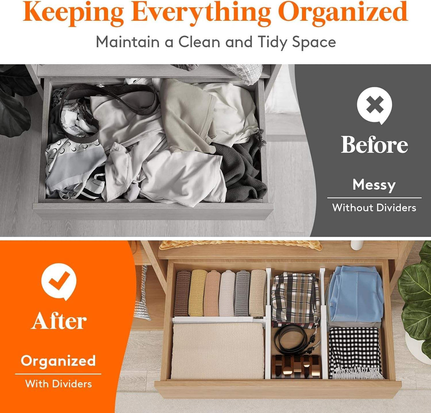 5 Pack 4" High Drawer Dividers 34-56Cm/13.5-22" Adjustable Drawer Organizer for Clothes/Utensils, Expandable Drawer Separator in Dresser/Kitchen/Bedroom/Office Organization & Storage White