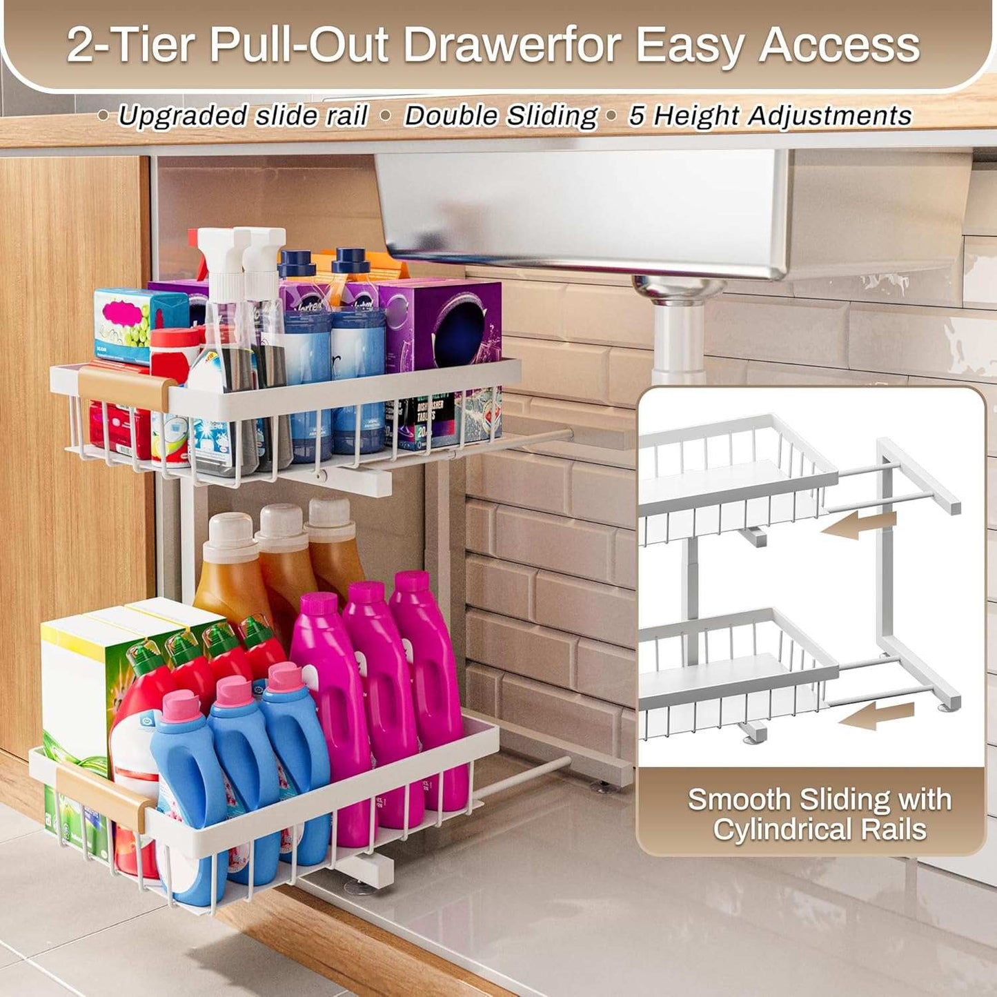 under Sink Organizer 2 Pack, Adjustable Height (11"-15.75") under Cabinet Storage, 2 Tier Pull Out Sliding Drawers for Kitchen Bathroom, Heavy Duty Metal Shelf, White