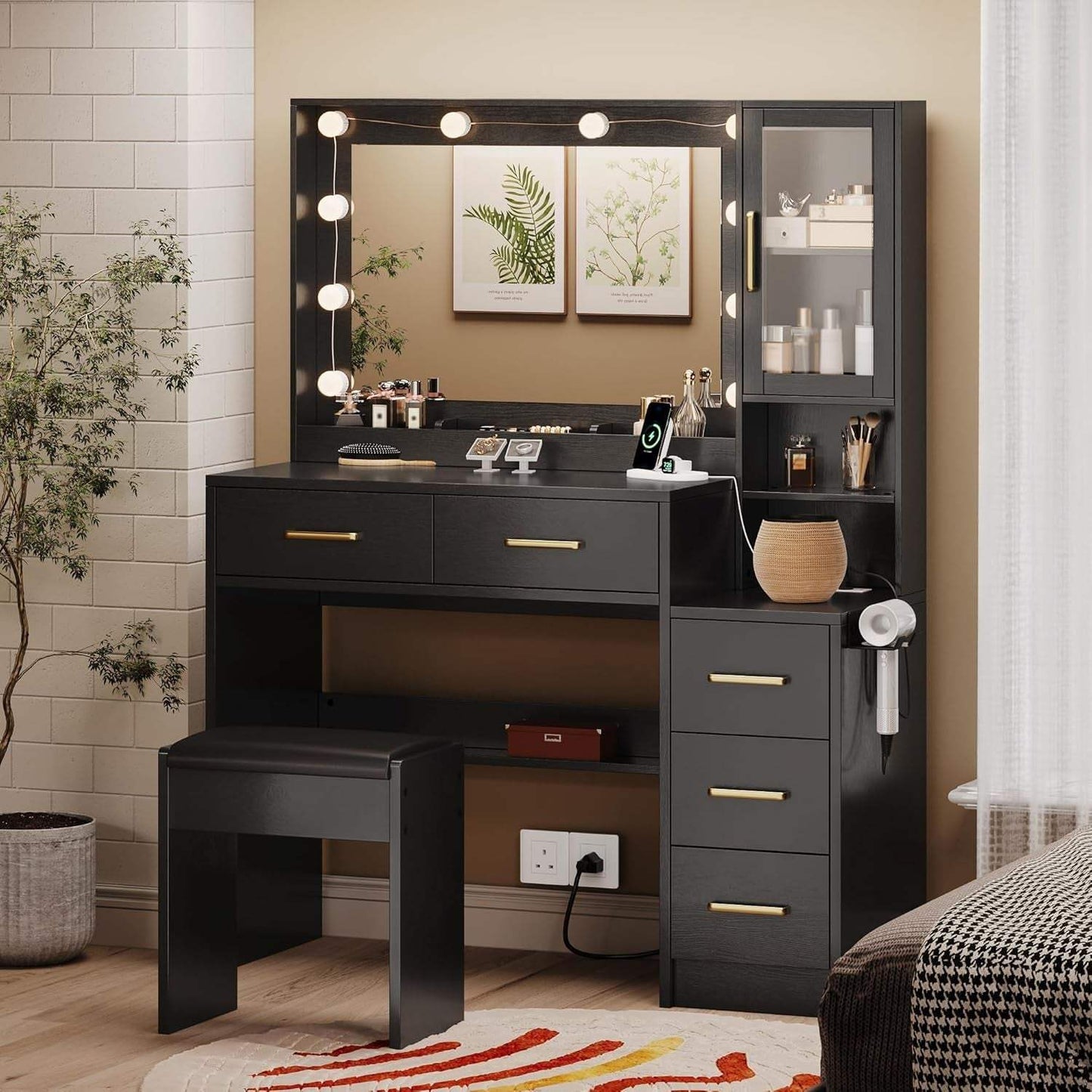 Makeup Vanity with Lights & Charging Station, Black Vanity Table with 5 Drawers & Open Storage Shelves, Bedroom Makeup Dressing Table Set for Women Girls Golden Handles