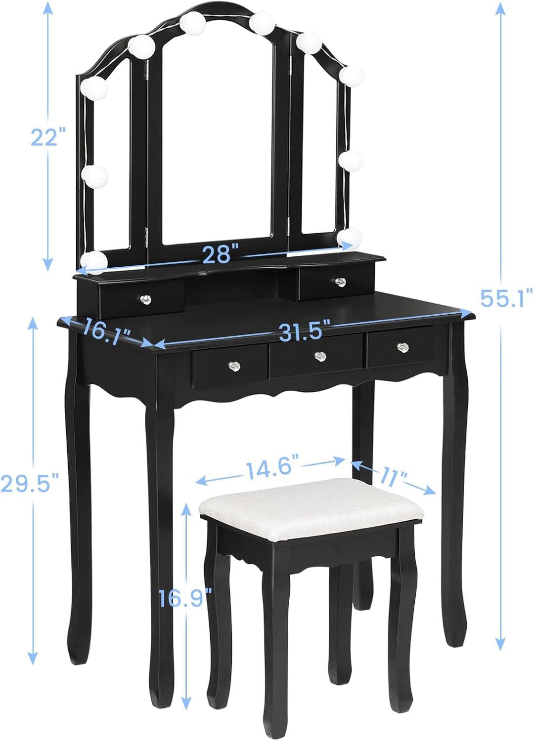 Vanity Desk, Makeup Vanity with Lighted Tri-Fold Mirror and Stool, Vanity Set with 5 Drawers, 3 Light Settings & Adjustable Brightness, Black