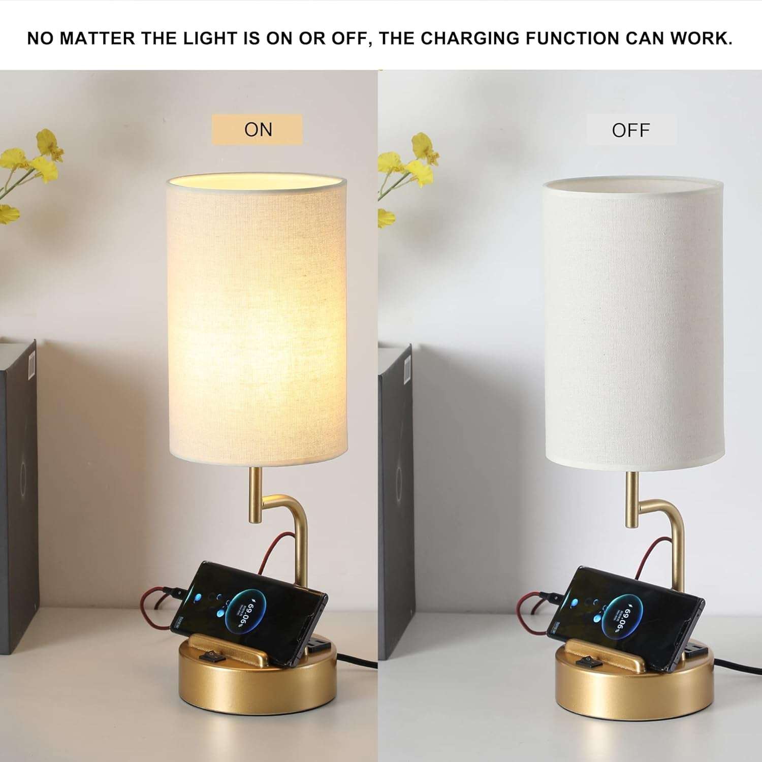 Table Lamp with 3 USB Charging Ports, Modern Desk Lamp with AC Outlet and Phone Stands, Perfect Bedside Lamp for Bedroom, Living Room, Office (Pack of 2), Gold