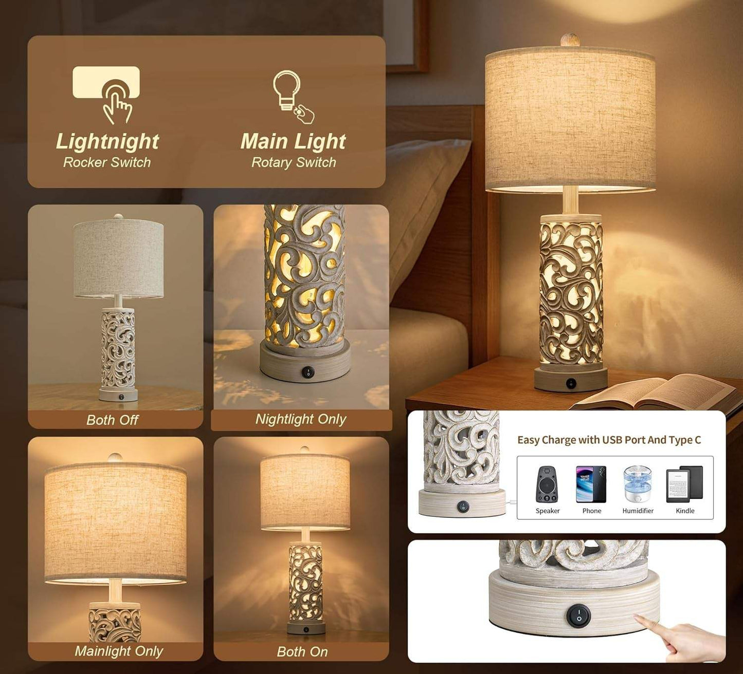 22'' Farmhouse Table Lamp for Living Room, Bedside Lamp with 2 USB Ports for Bedroom, Rustic Nightstand Lamp with Linen Lampshade for Office Hallway Home Decor, Distressed Grey (Bulb Included)