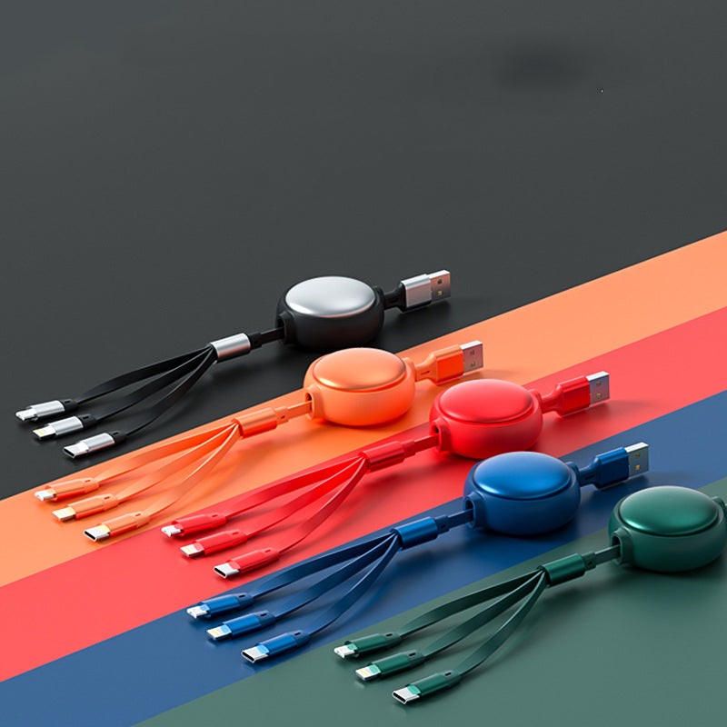 3 in 1 retractable USB charging cable with Micro USB, USB-C, and Lightning connectors in vibrant orange color