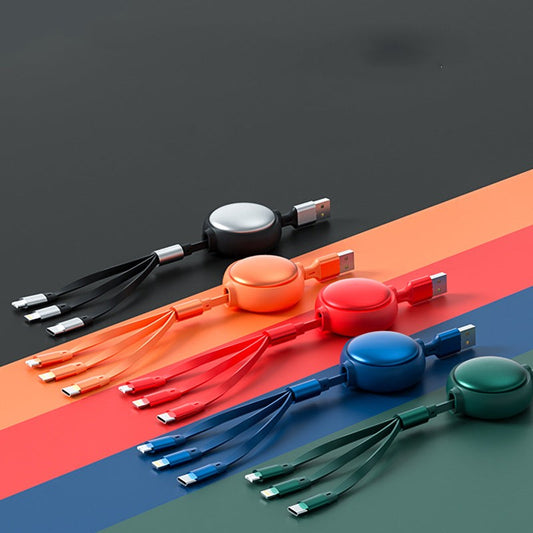 3 in 1 retractable USB charging cable with Micro USB, USB-C, and Lightning connectors in vibrant orange color