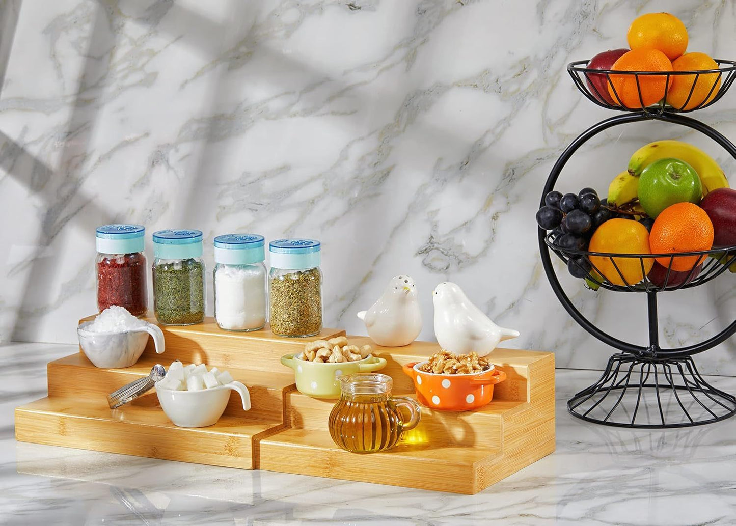 Bamboo Expandable Spice Rack Organizer, 3-Tier Adjustable Kitchen Cabinet, Countertop Display Shelf, Space Organizer for Kitchen and Bathroom