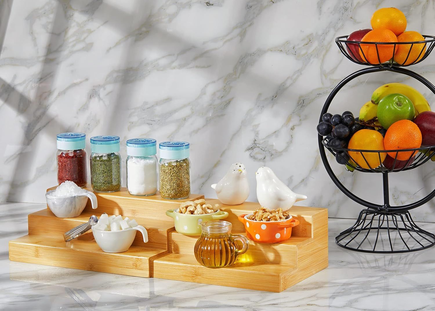 Bamboo Expandable Spice Rack Organizer, 3-Tier Adjustable Kitchen Cabinet, Countertop Display Shelf, Space Organizer for Kitchen and Bathroom