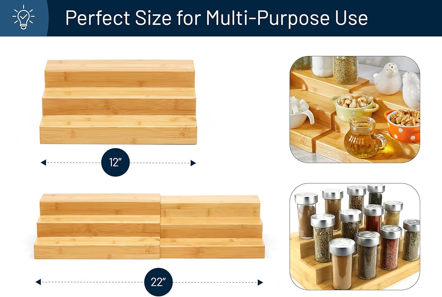 Bamboo Expandable Spice Rack Organizer, 3-Tier Adjustable Kitchen Cabinet, Countertop Display Shelf, Space Organizer for Kitchen and Bathroom
