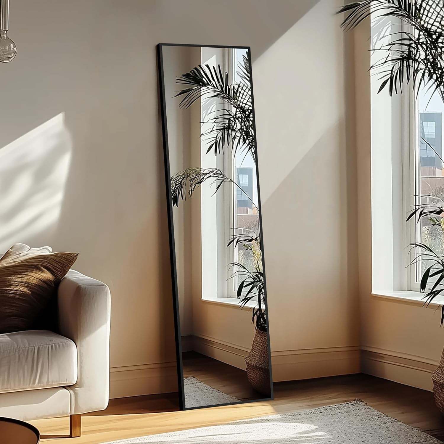 Wall Full Length Mirror,Standing Mirror Full Body,Large Floor for Wall Door Bedroom Bathroom Living Room with Aluminium Frame(With Stand,56X15-Black)