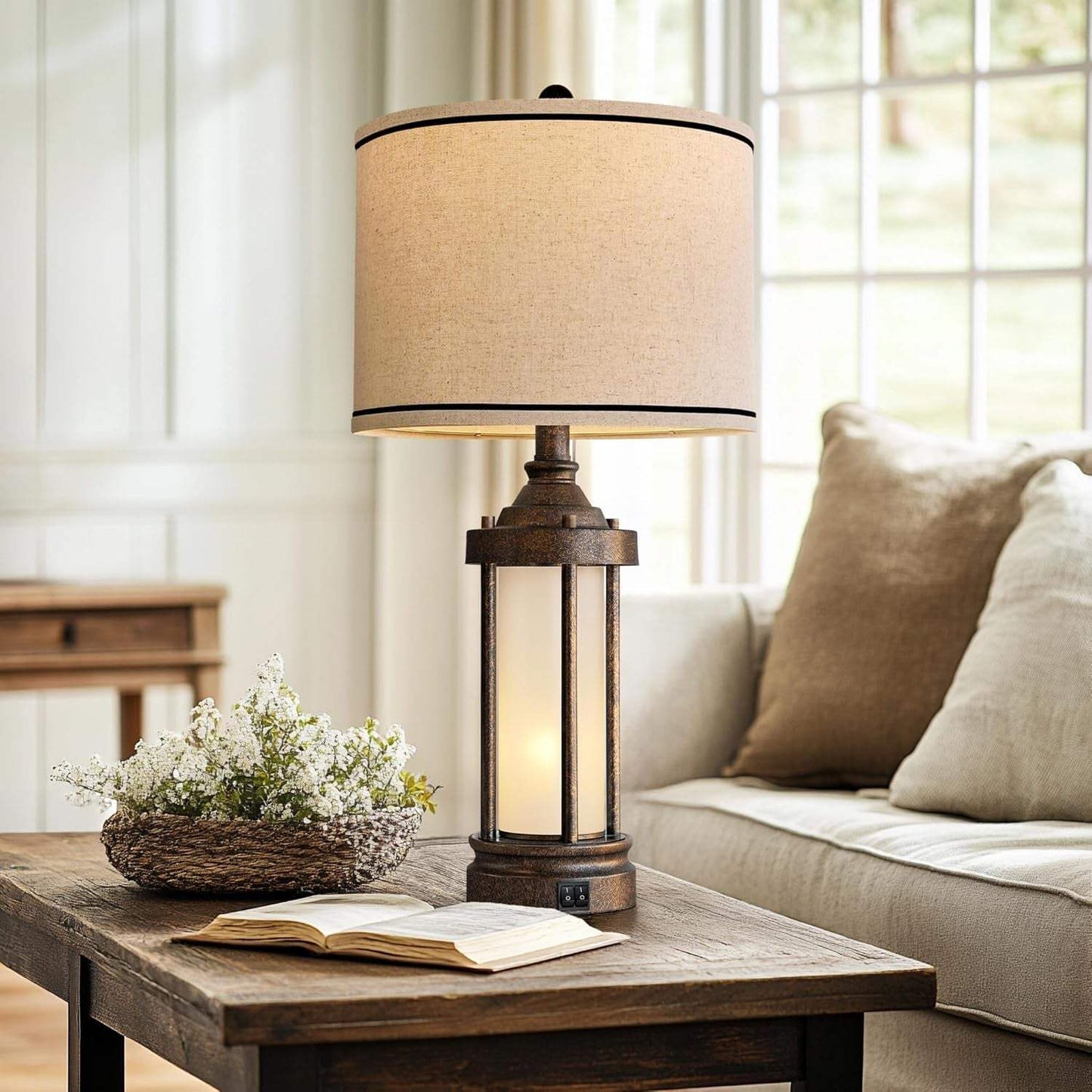 25'' Table Lamp for Living Room Bedroom Farmhouse Metal Lamps with 2 USB Ports, Built-In Frosted Glass Night Light Vintage Industrial Nightstand Bedside End Lamp, 2 Bulbs Included, Bronze
