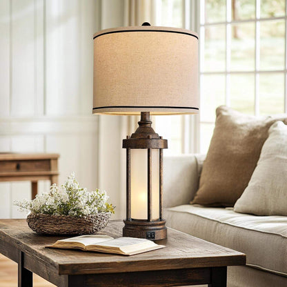 25'' Table Lamp for Living Room Bedroom Farmhouse Metal Lamps with 2 USB Ports, Built-In Frosted Glass Night Light Vintage Industrial Nightstand Bedside End Lamp, 2 Bulbs Included, Bronze