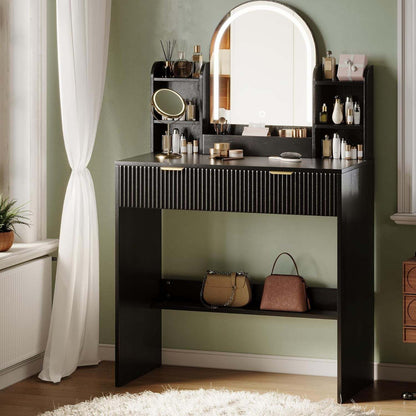 Makeup Vanity Desk with Mirror and Lights, Black Vanity Table with 2 Drawers & Open Storage Shelves, Fluted Vanity Bedroom Makeup Dressing Table Set for Women Girls