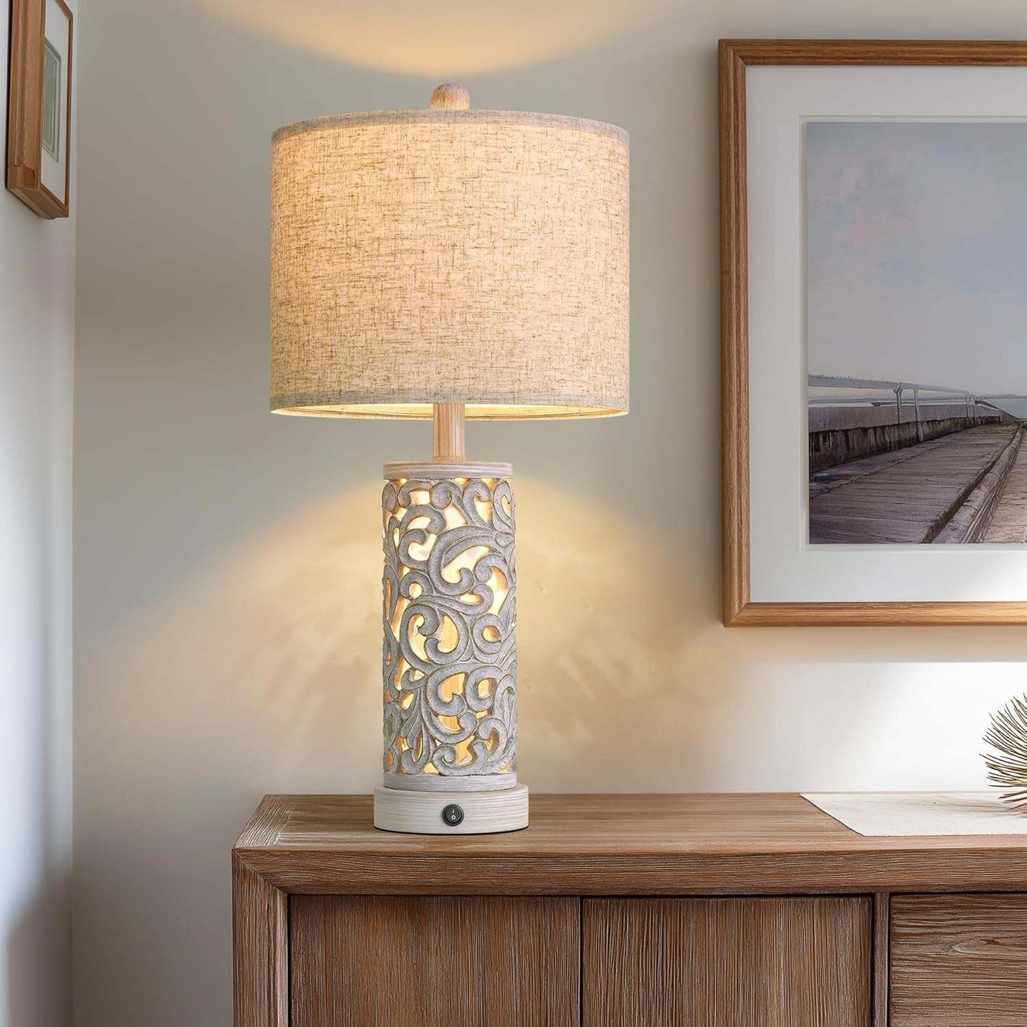 22'' Farmhouse Table Lamp for Living Room, Bedside Lamp with 2 USB Ports for Bedroom, Rustic Nightstand Lamp with Linen Lampshade for Office Hallway Home Decor, Distressed Grey (Bulb Included)