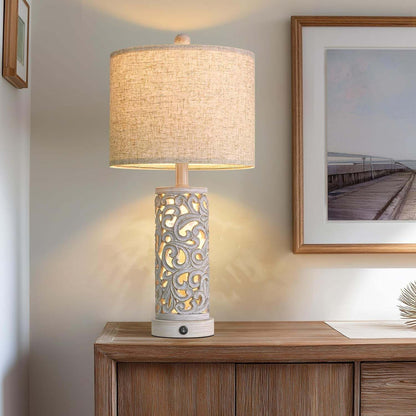 22'' Farmhouse Table Lamp for Living Room, Bedside Lamp with 2 USB Ports for Bedroom, Rustic Nightstand Lamp with Linen Lampshade for Office Hallway Home Decor, Distressed Grey (Bulb Included)