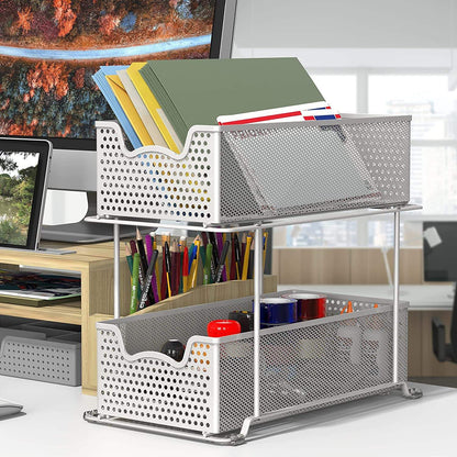 2 Tier Sliding Cabinet Basket Organizer Drawer, White
