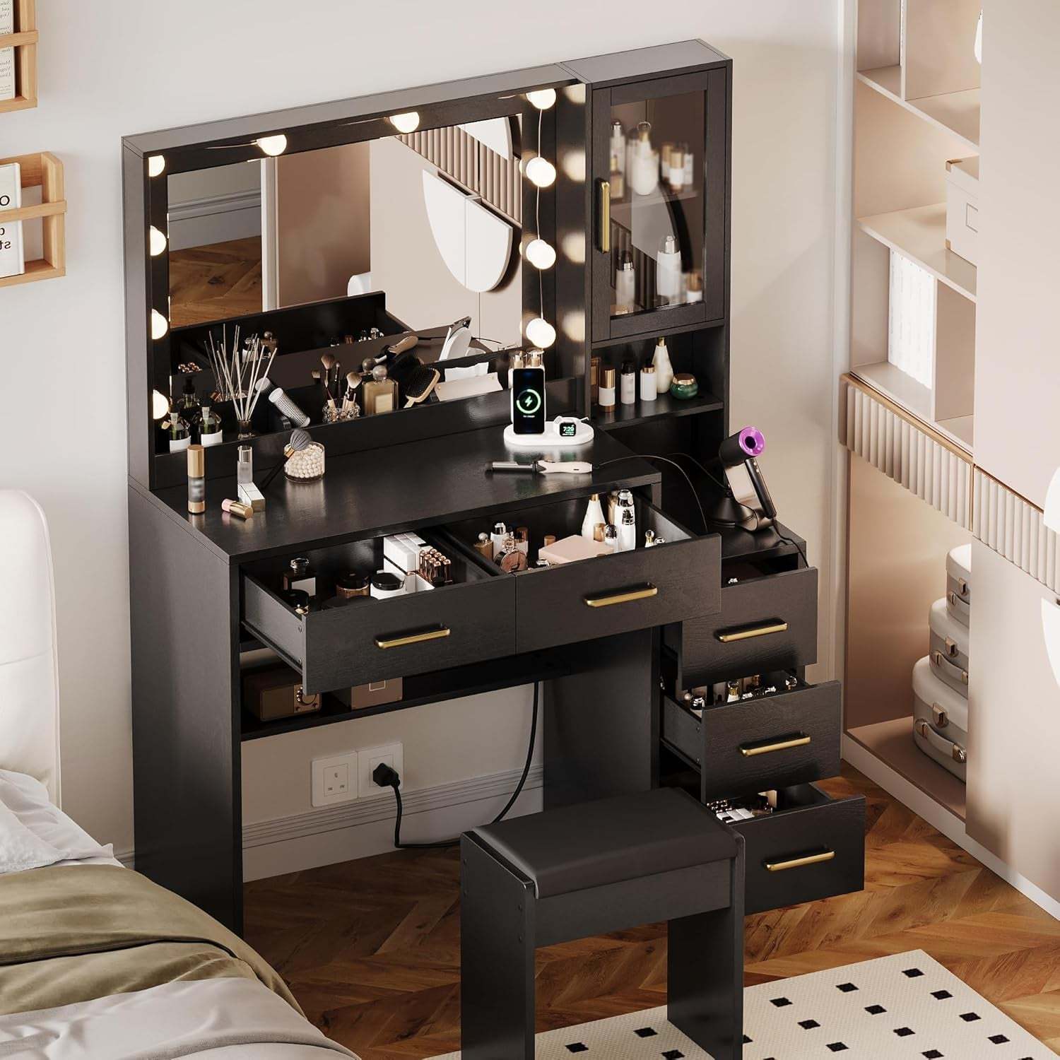 Makeup Vanity with Lights & Charging Station, Black Vanity Table with 5 Drawers & Open Storage Shelves, Bedroom Makeup Dressing Table Set for Women Girls Golden Handles