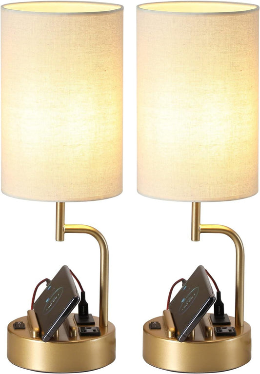 Modern gold table lamp with 3 USB charging ports, AC outlet, and phone holders, perfect for bedroom and office use, pack of 2