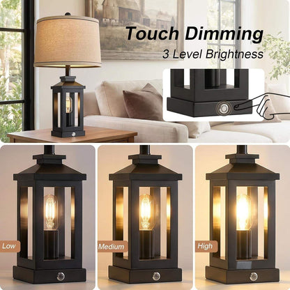 23.75" Retro Farmhouse Black Table Lamp for Living Room Bedroom Nightstand Single Pack Touch Control Bedside Nightlight Vintage Modern Lamp with USB C+A Ports and 2 Light Sources