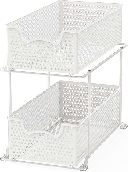 2 Tier Sliding Cabinet Basket Organizer Drawer, White