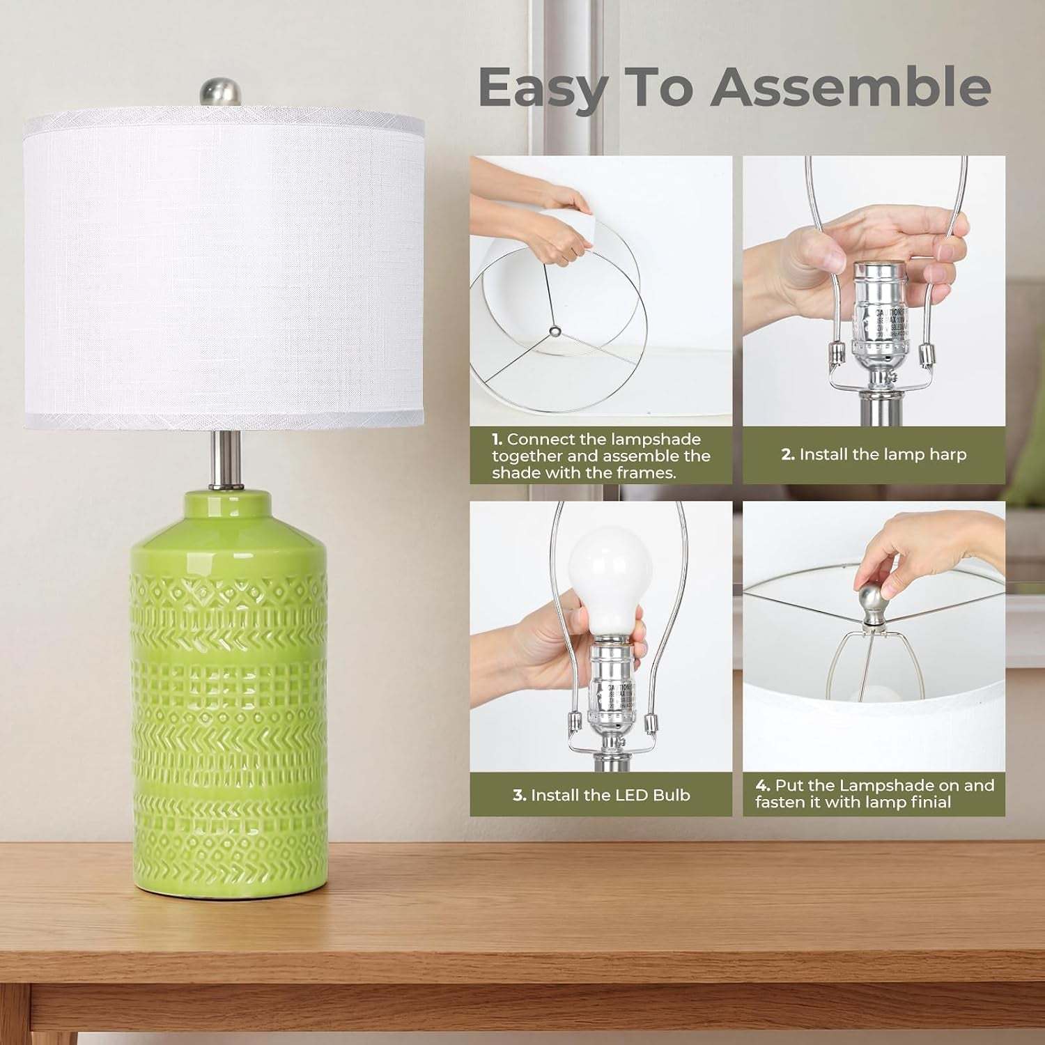 Light Green Ceramic Table Lamp 25 Inch 3-Way Dimmable Nightstand Lamp with White Linen Shade Bedside Lamp for Living Room Bedroom Office Reading (Bulb Included)