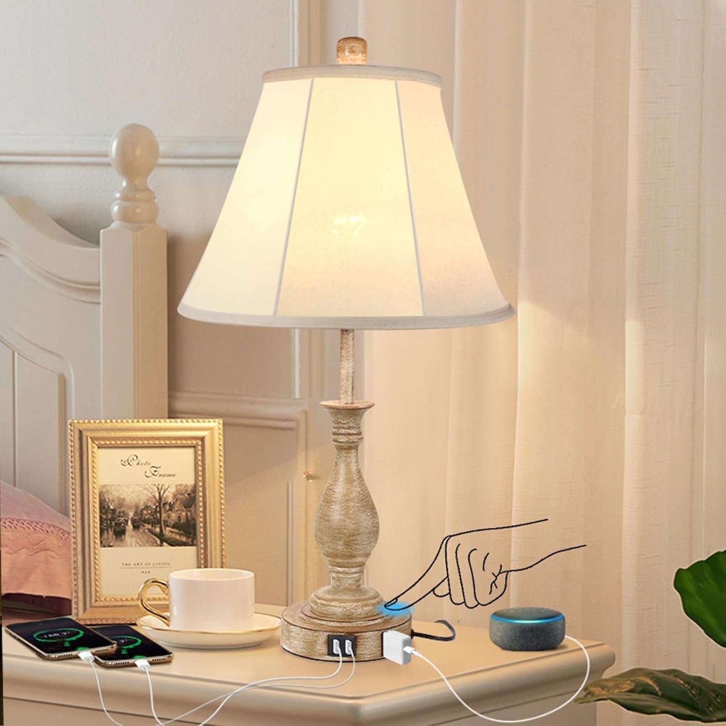 Farmhouse table lamp with beige linen shade and wooden base, touch control, 3-way dimmable, dual USB ports bedside lamp