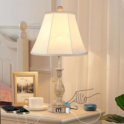 Farmhouse table lamp with beige linen shade and wooden base, touch control, 3-way dimmable, dual USB ports bedside lamp