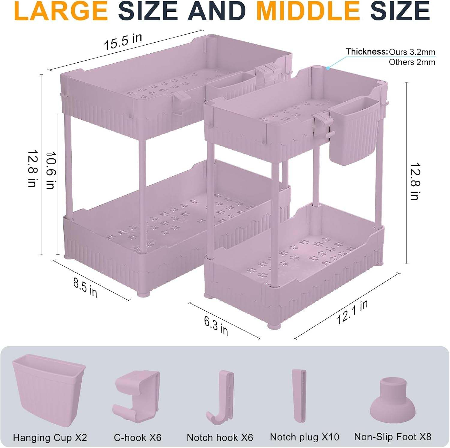 2 Pack under Sink Organizer, under Bathroom Cabinet Organizer with Hooks Hanging Cup, Multi-Purpose Storage Shelf for Kitchen Bathroom (Pink, 12.8 Inch)