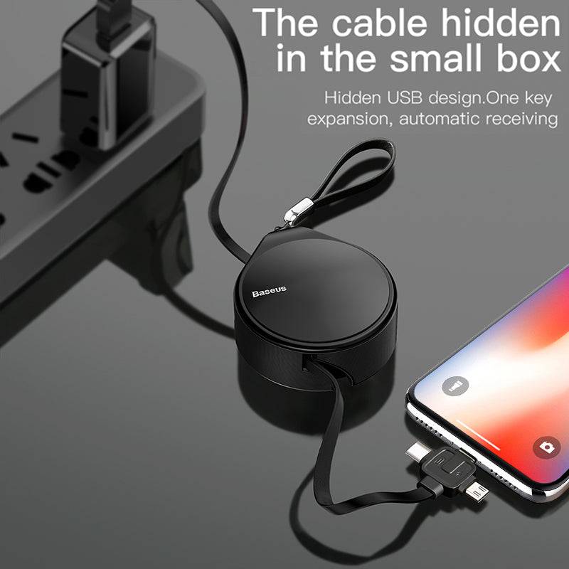 Telescopic three-in-one fast charging data cable with one meter length and split connectors