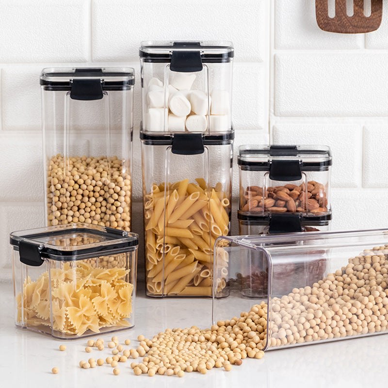 Transparent PET grain box with black lid in multiple square sizes