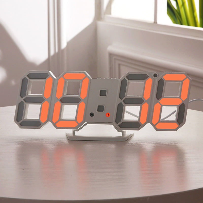 3D LED wall digital clock displaying time, date, and temperature with alarm and brightness adjustment