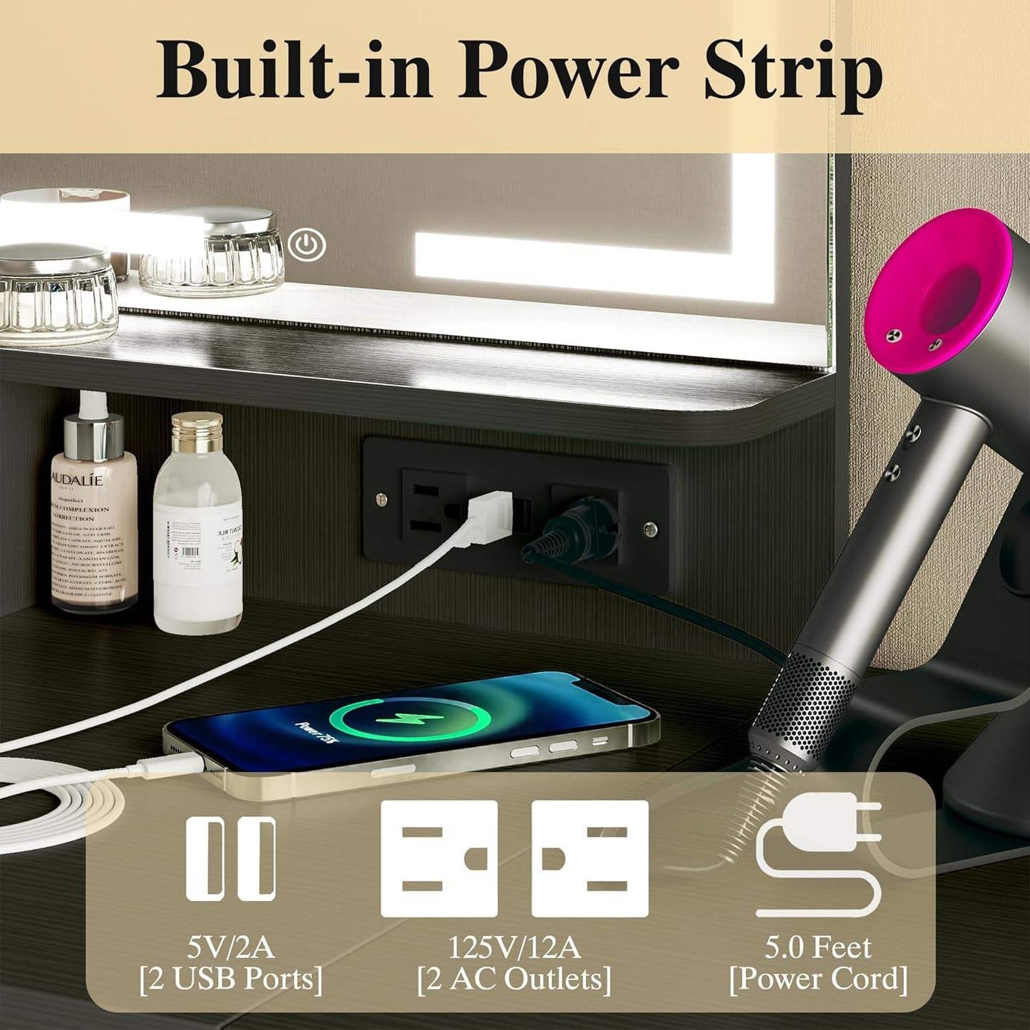 Makeup Vanity Desk with Mirror and Lights, Small Vanity with Fabric Storage Drawer & Chair & Shelves, Vanity with Fold-Up Panel and Power Outlet for Bedroom