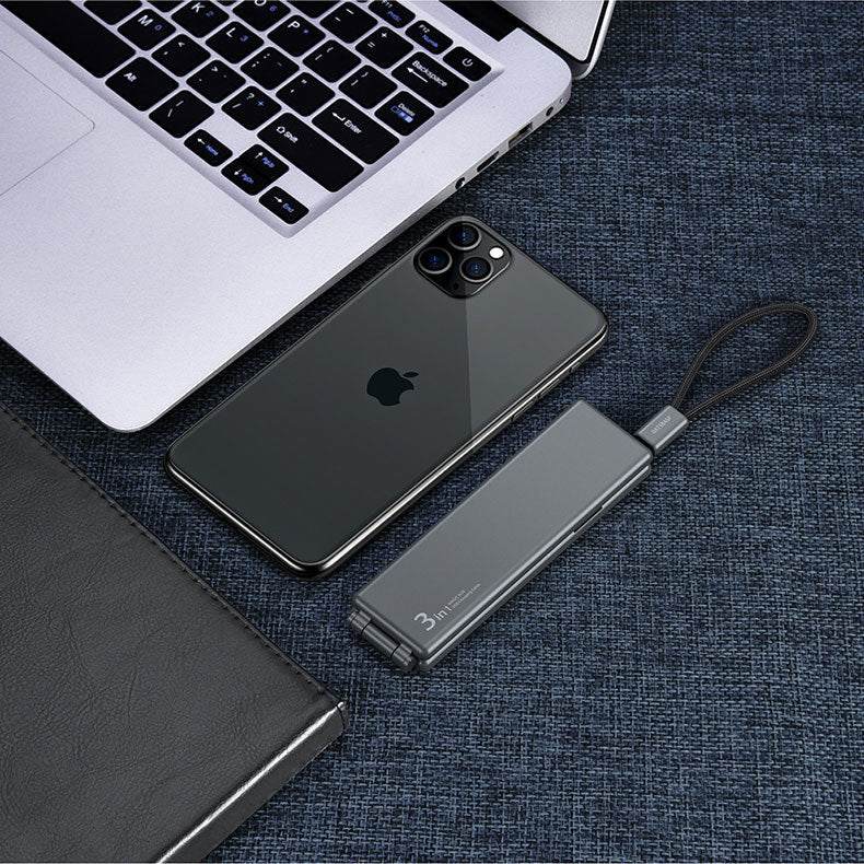 Portable multifunctional one-for-three charger with black, white, green, and orange options and multiple connectors for iPhone, Type-C, and Micro USB