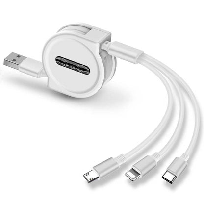 One Tow Three telescopic 3-in-1 fast charging data cable with Type-C, USB, Micro USB, and 8PIN connectors