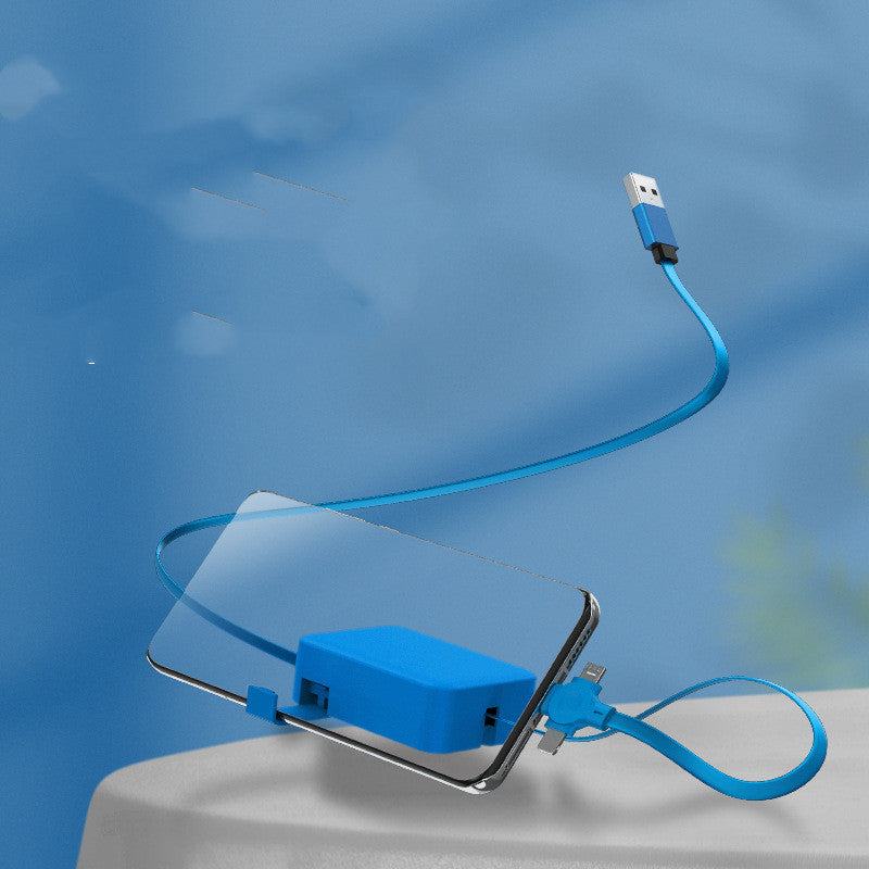 Retractable 4-in-1 USB charging cable with Macaron phone stand and multi-interface connectors