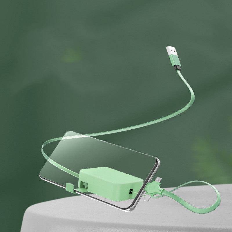Retractable 4-in-1 USB charging cable with Type-C, Micro USB, Lightning connectors and phone stand in colorful macaron design