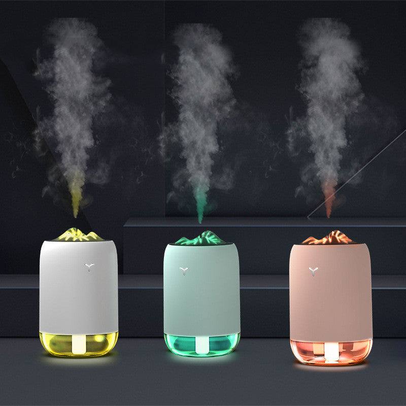 Magic Flame Humidifier mini aroma diffuser with USB power and ultrasonic humidifying function in white, blue, and pink colors for home and car use