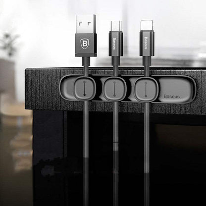 Baseus Creative Mini Pea Clip magnetic wire clip for mobile phone data cable storage and anti-winding in black, red, and blue colors