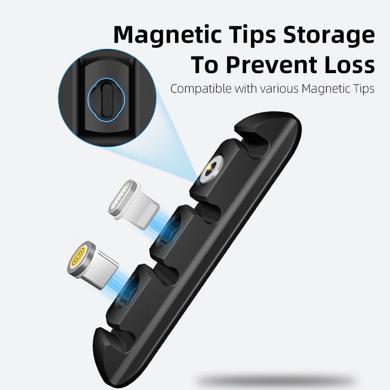 Black desktop charging magnetic data cable organizer fixed on wooden desk with white and black cables