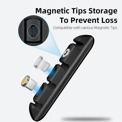 Black desktop charging magnetic data cable organizer fixed on wooden desk with white and black cables