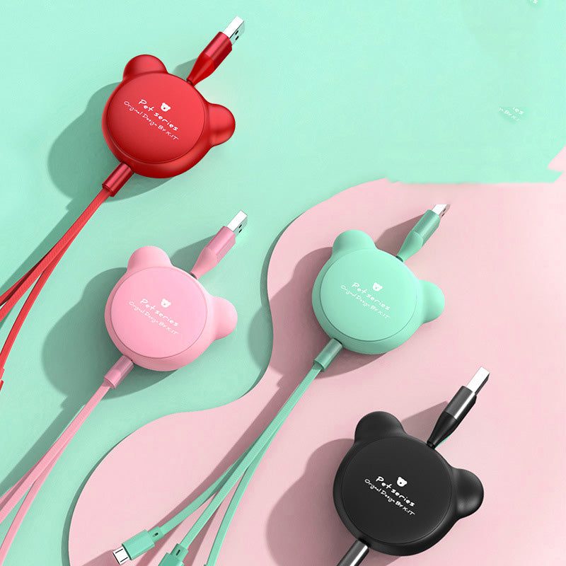 Cute telescopic bear multi-connector data cable with mini USB, 30PIN, and micro USB interfaces in various colors