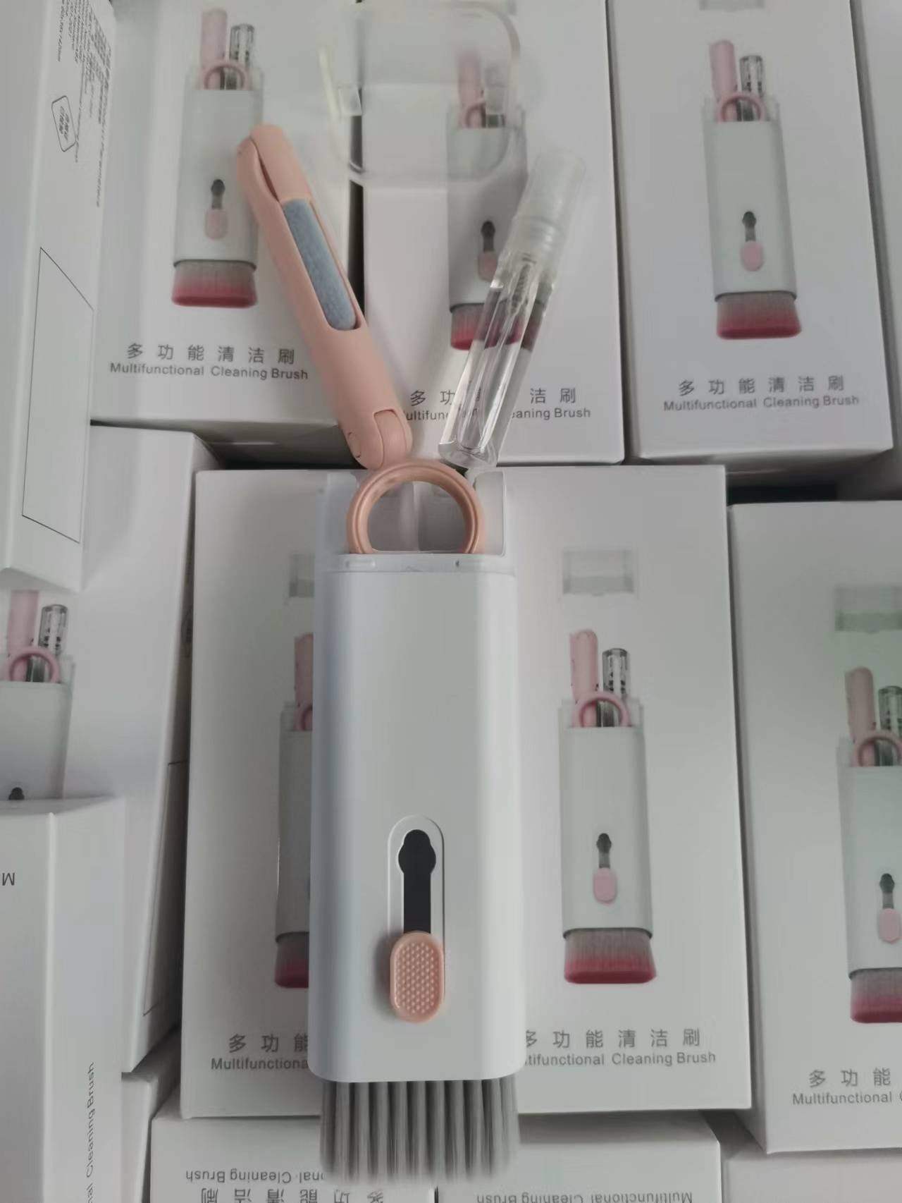 Bluetooth headset cleaning pen and six-piece laptop cleaning kit with brush and keycap buckle in pink and blue colors