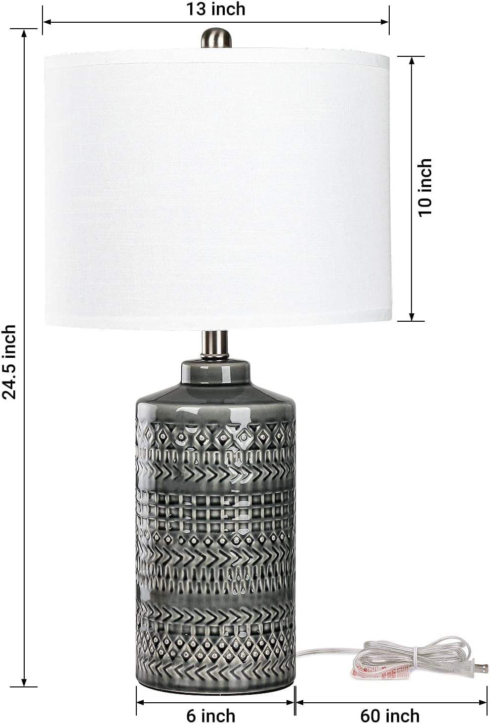 Modern Ceramic Table Lamp, 24.5" Living Room Lamps 3-Way Dimmable Gray Nightstand Lamp with White Shade|Tall Bedside Lamp Desk Decor Lamps for Bedrooms Farmhouse Office End Table Lamps(Bulb Included)