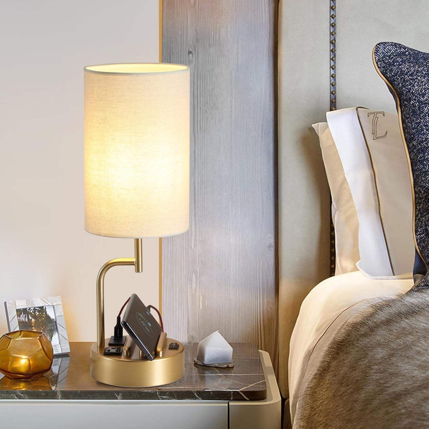 Table Lamp with 3 USB Charging Ports, Modern Desk Lamp with AC Outlet and Phone Stands, Perfect Bedside Lamp for Bedroom, Living Room, Office (Pack of 2), Gold