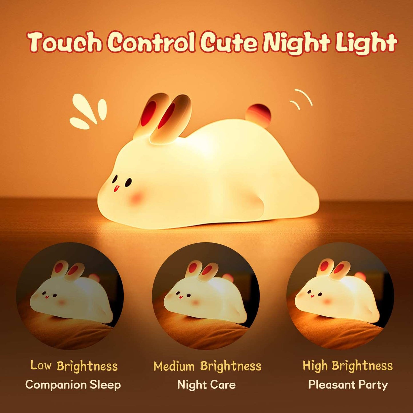 Cute silicone LED night light shaped like a cartoon rabbit with touch sensor and adjustable brightness for kids bedside decor