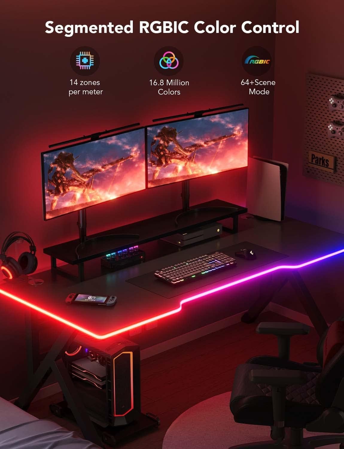 Govee RGBIC Gaming Lights, 10Ft Neon Rope Lights Soft Lighting for Gaming Desks, LED Strip Lights Syncing with Razer Chroma, Support Cutting, Smart App Control, Music Sync, Adapter (Only 2.4G Wi-Fi)