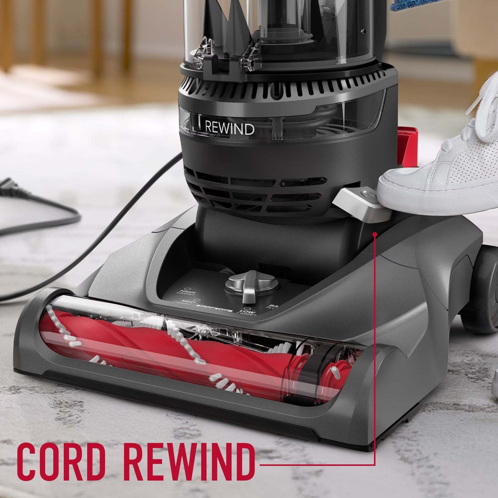 Rewind Pet Bagless Upright Vacuum Cleaner, Pet Friendly, Automatic Cord Rewind, Multi-Surface and above Floor Cleaning, UH77410V, Gray & Red