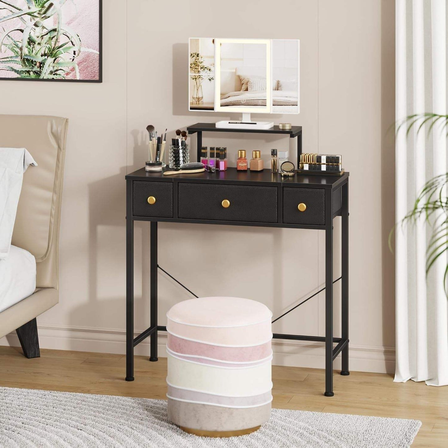 Small Makeup Vanity Desk 27.5''W with Mirror and Lights, 3 Drawers | USB Lighted Mirror, Height-Adjustable Stand, Fabric Drawers, Girls/Kids Gifts, Bedroom, Small Space, Dorm, Black