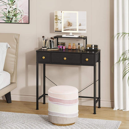Small Makeup Vanity Desk 27.5''W with Mirror and Lights, 3 Drawers | USB Lighted Mirror, Height-Adjustable Stand, Fabric Drawers, Girls/Kids Gifts, Bedroom, Small Space, Dorm, Black