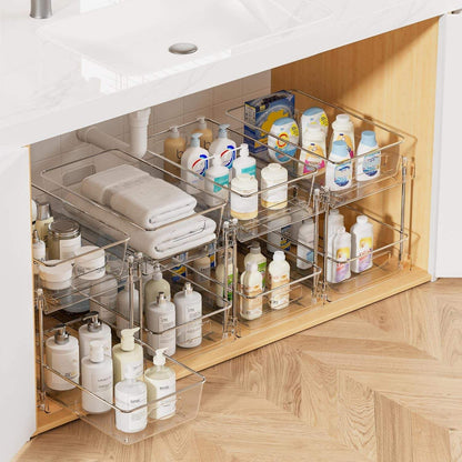 Clear 2-tier pull-out bathroom under sink organizer with stainless steel frame and silicone pads for stable storage