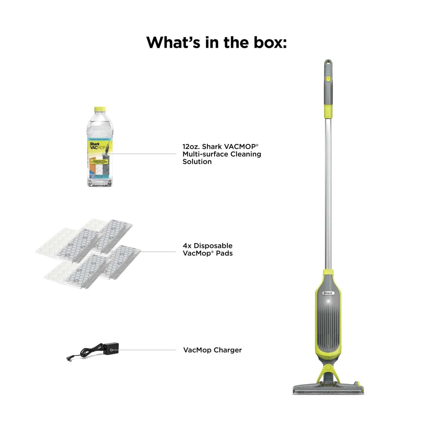 VACMOP Cordless Hard Floor Vacuum Mop, for Tile, Vinyl, Laminate, Wood, with (4) Disposable VACMOP Pads, 12-Oz  Multi-Surface Cleaner, VM200