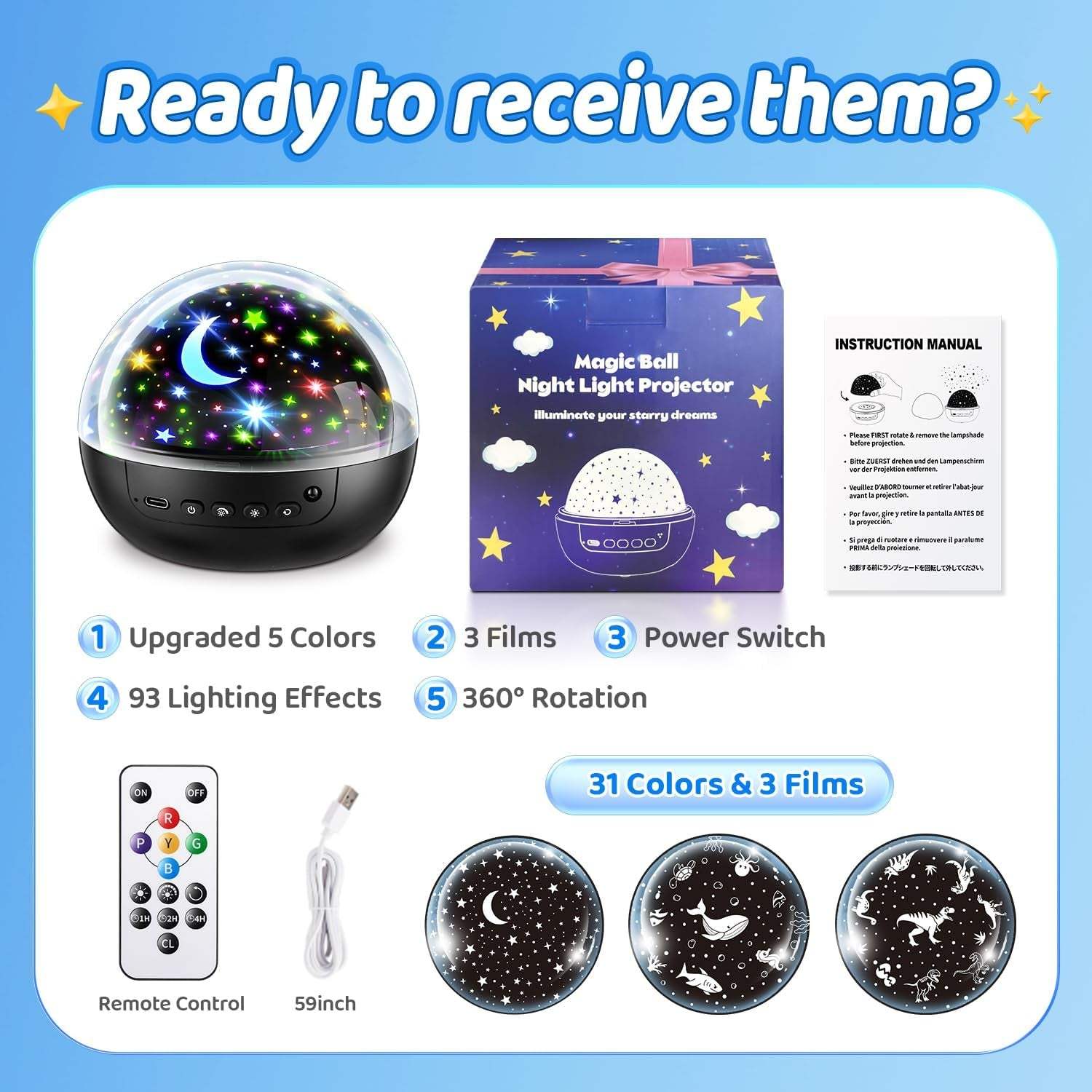 Night Light for Kids,93 Lighting+3 Films Kids Night Light Projector,Remote+Dimmable Star Projector,360° Ceiling Stars Glow in the Dark Stars,Christmas Gifts for 4 Year Old Boy Birthday Gift